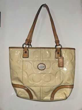 Coach Cream Patent Leather Tote with Tan Trim and Handles